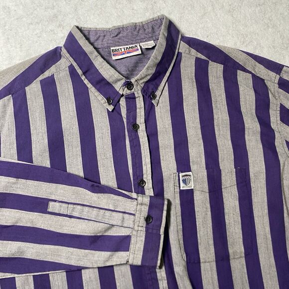 Brittania Vintage 80s Button Down Long Sleeve Shirt Gray Purple Striped Mens 2XL - Picture 1 of 9